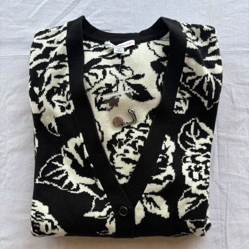 Isaac Mizrahi Live Jacquard Rose Boyfriend Cardigan Black White M
